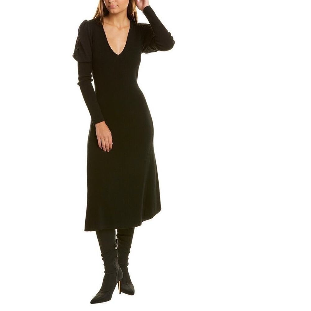 NWT Rebecca Taylor Black Puff Sleeve V-Neck Midi Ribbed Dress Goth Witchy LG